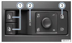 Fig. 1 En la puerta del conductor: teclas de los elevalunas eléctricos delanteros y traseros.